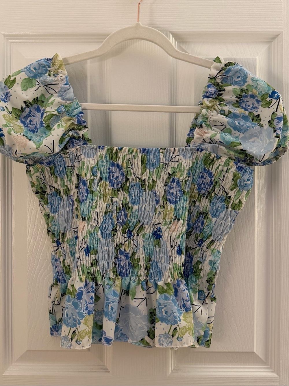 Boohoo Blue Green Floral Shirred Puff Sleeve Crop Blouse XL